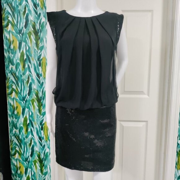 Jessica McClintock Womens 12 Pleated Sequins Blouson Cocktail Mini Dress Black - Picture 2 of 13